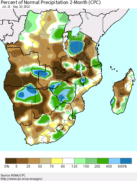 Southern Africa Percent of Normal Precipitation 2-Month (CPC) Thematic Map For 7/21/2022 - 9/20/2022