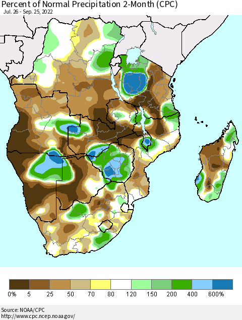 Southern Africa Percent of Normal Precipitation 2-Month (CPC) Thematic Map For 7/26/2022 - 9/25/2022