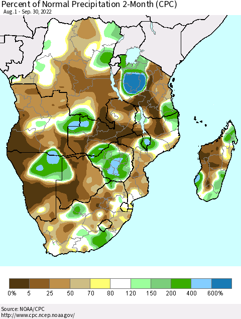 Southern Africa Percent of Normal Precipitation 2-Month (CPC) Thematic Map For 8/1/2022 - 9/30/2022