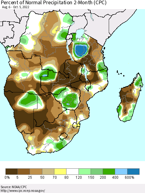 Southern Africa Percent of Normal Precipitation 2-Month (CPC) Thematic Map For 8/6/2022 - 10/5/2022