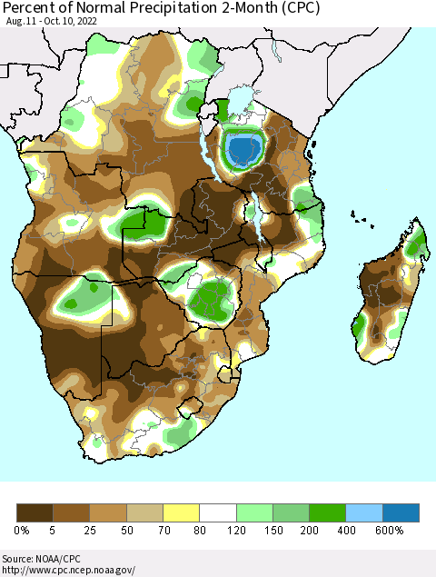 Southern Africa Percent of Normal Precipitation 2-Month (CPC) Thematic Map For 8/11/2022 - 10/10/2022