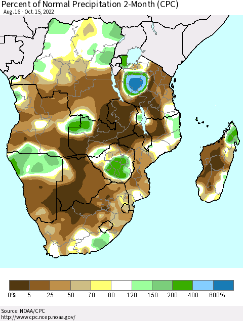 Southern Africa Percent of Normal Precipitation 2-Month (CPC) Thematic Map For 8/16/2022 - 10/15/2022