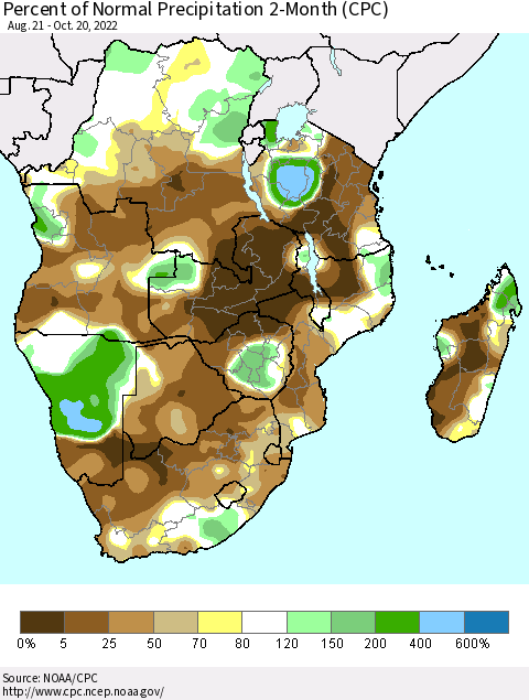 Southern Africa Percent of Normal Precipitation 2-Month (CPC) Thematic Map For 8/21/2022 - 10/20/2022