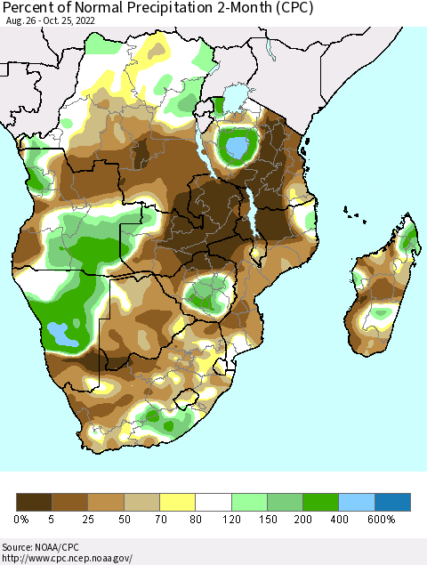 Southern Africa Percent of Normal Precipitation 2-Month (CPC) Thematic Map For 8/26/2022 - 10/25/2022