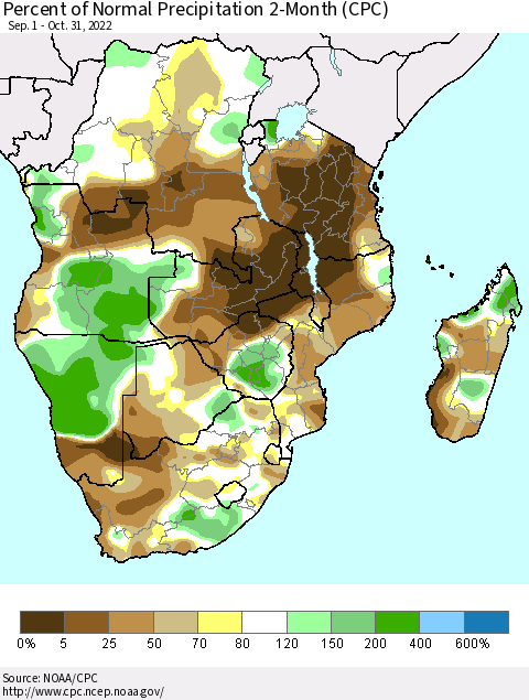 Southern Africa Percent of Normal Precipitation 2-Month (CPC) Thematic Map For 9/1/2022 - 10/31/2022