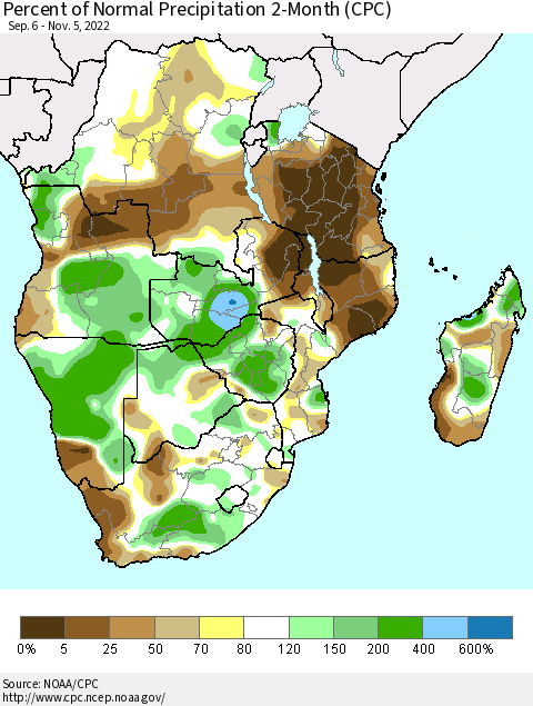 Southern Africa Percent of Normal Precipitation 2-Month (CPC) Thematic Map For 9/6/2022 - 11/5/2022