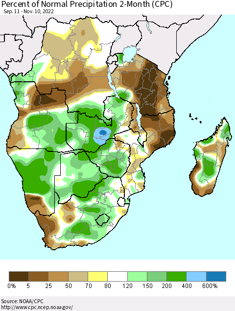 Southern Africa Percent of Normal Precipitation 2-Month (CPC) Thematic Map For 9/11/2022 - 11/10/2022