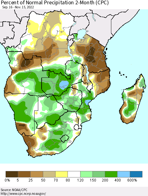 Southern Africa Percent of Normal Precipitation 2-Month (CPC) Thematic Map For 9/16/2022 - 11/15/2022