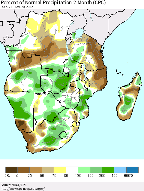 Southern Africa Percent of Normal Precipitation 2-Month (CPC) Thematic Map For 9/21/2022 - 11/20/2022