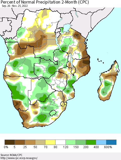 Southern Africa Percent of Normal Precipitation 2-Month (CPC) Thematic Map For 9/26/2022 - 11/25/2022