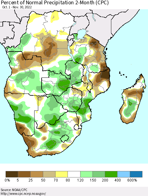 Southern Africa Percent of Normal Precipitation 2-Month (CPC) Thematic Map For 10/1/2022 - 11/30/2022