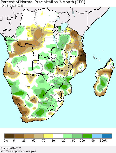Southern Africa Percent of Normal Precipitation 2-Month (CPC) Thematic Map For 10/6/2022 - 12/5/2022