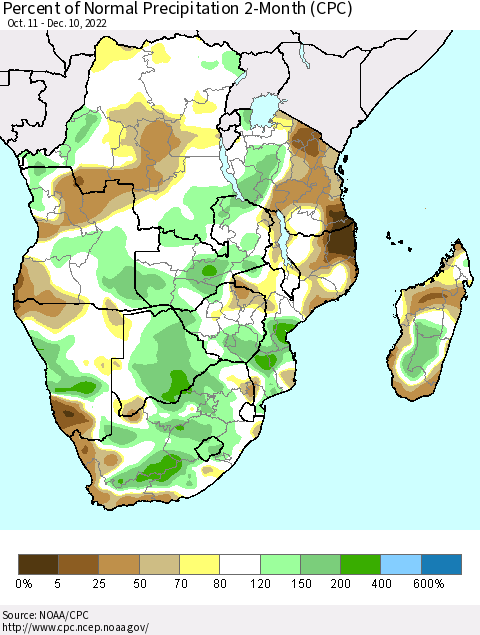 Southern Africa Percent of Normal Precipitation 2-Month (CPC) Thematic Map For 10/11/2022 - 12/10/2022