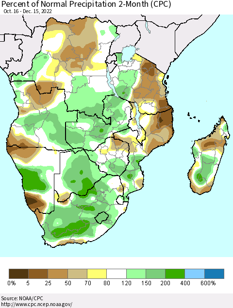 Southern Africa Percent of Normal Precipitation 2-Month (CPC) Thematic Map For 10/16/2022 - 12/15/2022