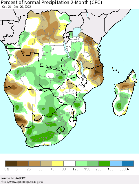 Southern Africa Percent of Normal Precipitation 2-Month (CPC) Thematic Map For 10/21/2022 - 12/20/2022