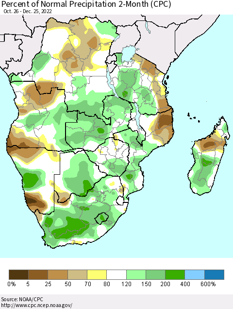 Southern Africa Percent of Normal Precipitation 2-Month (CPC) Thematic Map For 10/26/2022 - 12/25/2022