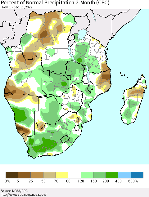 Southern Africa Percent of Normal Precipitation 2-Month (CPC) Thematic Map For 11/1/2022 - 12/31/2022