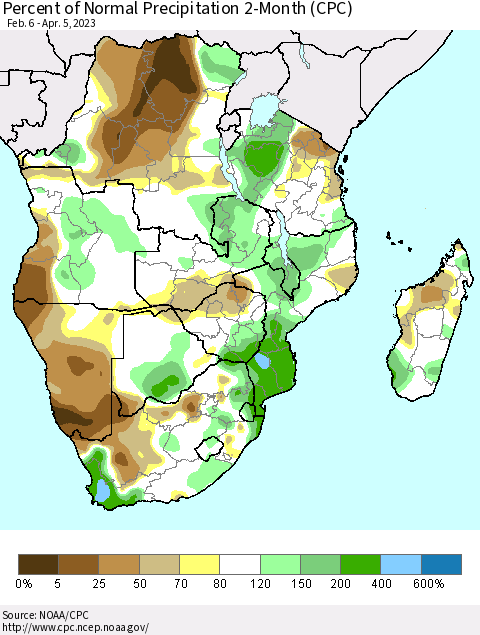 Southern Africa Percent of Normal Precipitation 2-Month (CPC) Thematic Map For 2/6/2023 - 4/5/2023