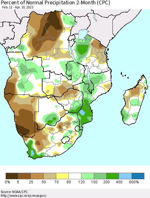 Southern Africa Percent of Normal Precipitation 2-Month (CPC) Thematic Map For 2/11/2023 - 4/10/2023
