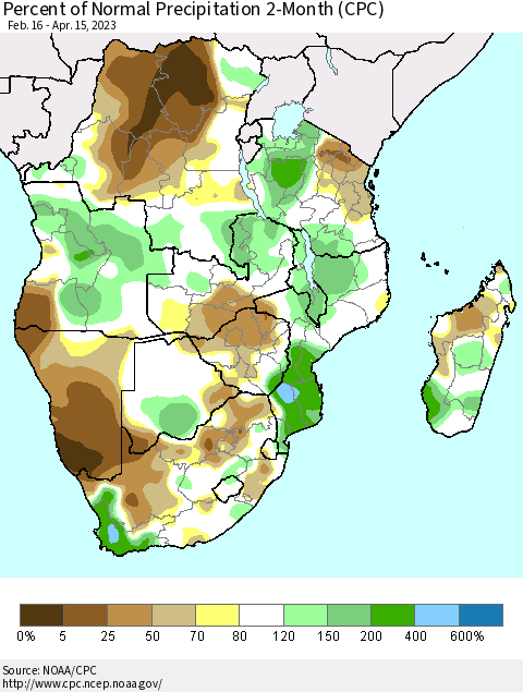 Southern Africa Percent of Normal Precipitation 2-Month (CPC) Thematic Map For 2/16/2023 - 4/15/2023