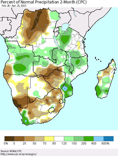 Southern Africa Percent of Normal Precipitation 2-Month (CPC) Thematic Map For 2/26/2023 - 4/25/2023