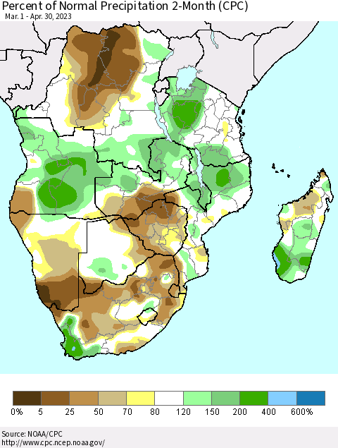 Southern Africa Percent of Normal Precipitation 2-Month (CPC) Thematic Map For 3/1/2023 - 4/30/2023