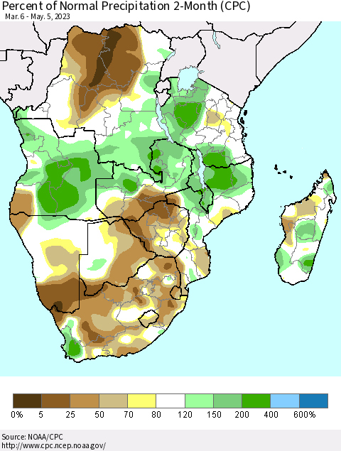 Southern Africa Percent of Normal Precipitation 2-Month (CPC) Thematic Map For 3/6/2023 - 5/5/2023