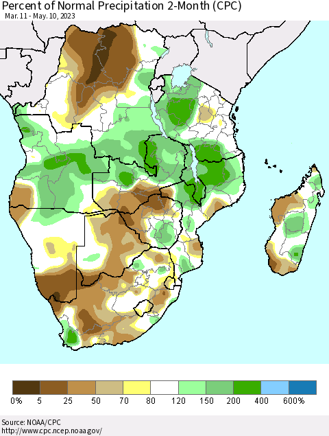Southern Africa Percent of Normal Precipitation 2-Month (CPC) Thematic Map For 3/11/2023 - 5/10/2023