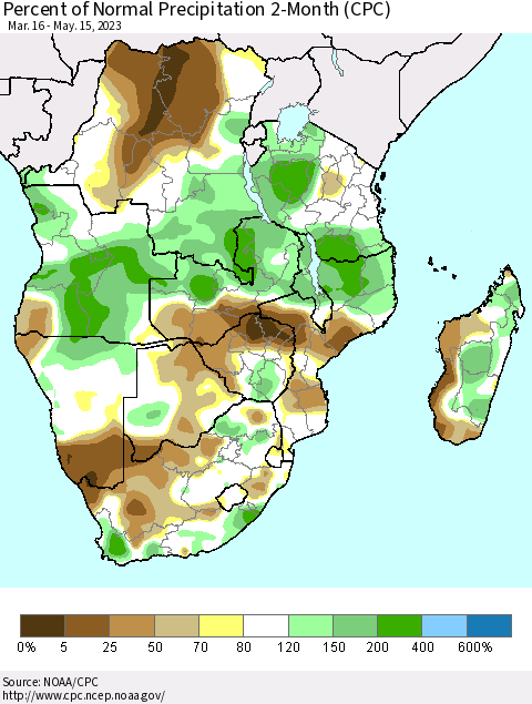 Southern Africa Percent of Normal Precipitation 2-Month (CPC) Thematic Map For 3/16/2023 - 5/15/2023