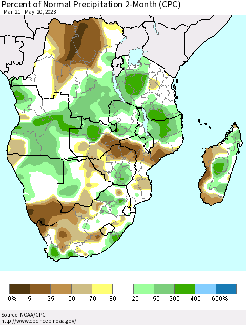 Southern Africa Percent of Normal Precipitation 2-Month (CPC) Thematic Map For 3/21/2023 - 5/20/2023