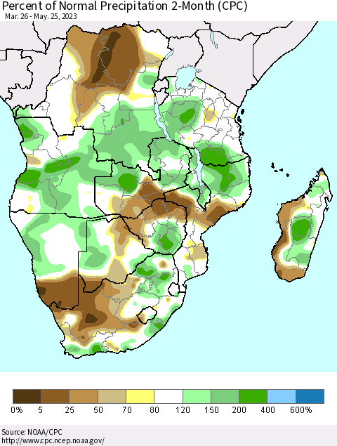 Southern Africa Percent of Normal Precipitation 2-Month (CPC) Thematic Map For 3/26/2023 - 5/25/2023