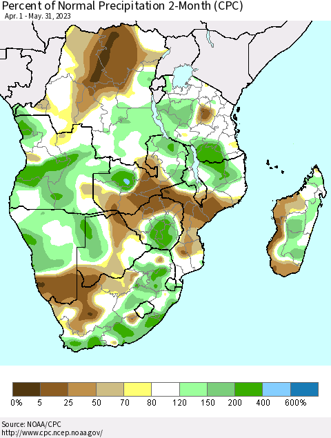 Southern Africa Percent of Normal Precipitation 2-Month (CPC) Thematic Map For 4/1/2023 - 5/31/2023