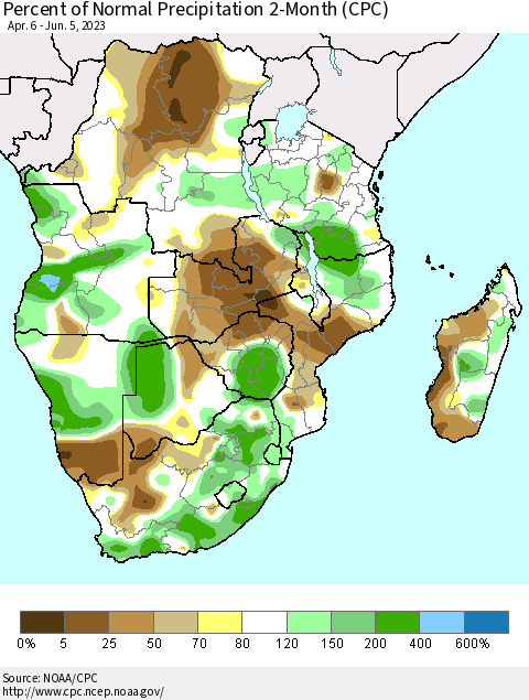Southern Africa Percent of Normal Precipitation 2-Month (CPC) Thematic Map For 4/6/2023 - 6/5/2023