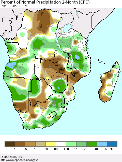 Southern Africa Percent of Normal Precipitation 2-Month (CPC) Thematic Map For 4/11/2023 - 6/10/2023