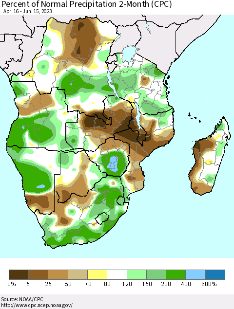 Southern Africa Percent of Normal Precipitation 2-Month (CPC) Thematic Map For 4/16/2023 - 6/15/2023
