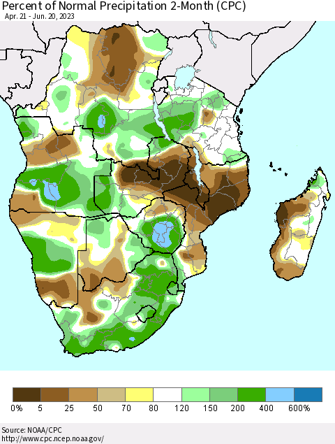 Southern Africa Percent of Normal Precipitation 2-Month (CPC) Thematic Map For 4/21/2023 - 6/20/2023