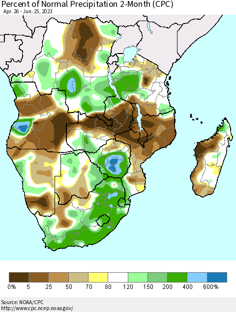 Southern Africa Percent of Normal Precipitation 2-Month (CPC) Thematic Map For 4/26/2023 - 6/25/2023