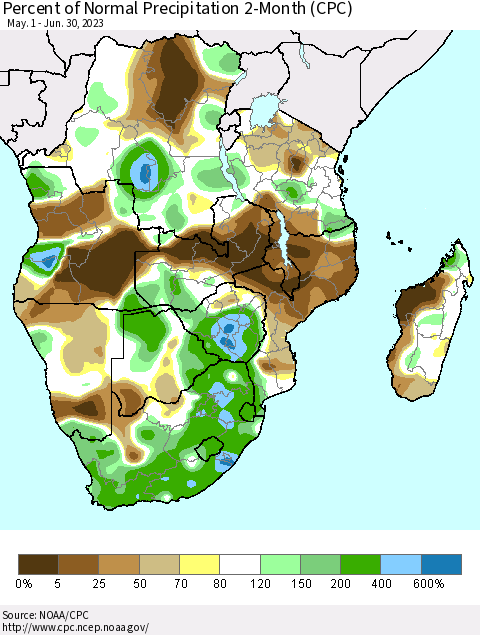 Southern Africa Percent of Normal Precipitation 2-Month (CPC) Thematic Map For 5/1/2023 - 6/30/2023
