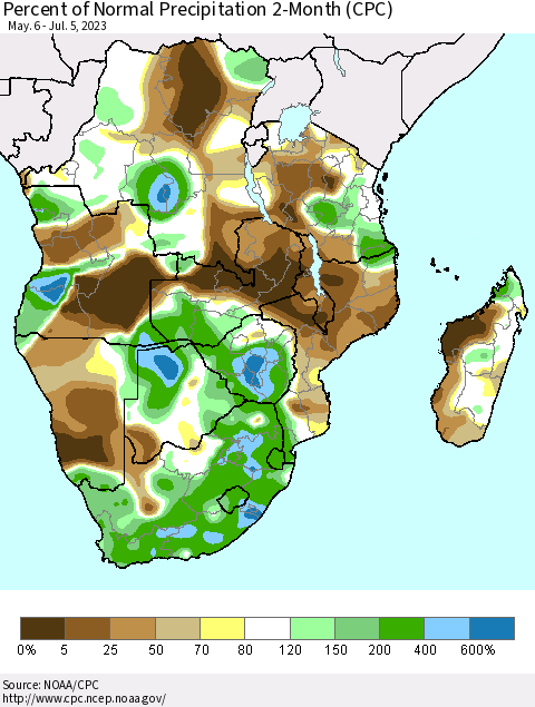 Southern Africa Percent of Normal Precipitation 2-Month (CPC) Thematic Map For 5/6/2023 - 7/5/2023