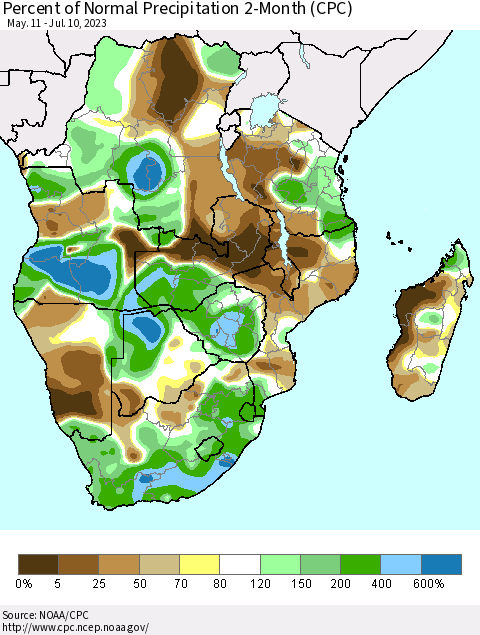 Southern Africa Percent of Normal Precipitation 2-Month (CPC) Thematic Map For 5/11/2023 - 7/10/2023