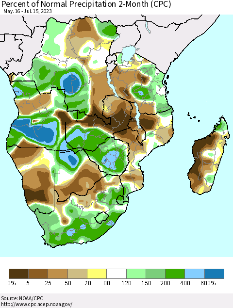 Southern Africa Percent of Normal Precipitation 2-Month (CPC) Thematic Map For 5/16/2023 - 7/15/2023