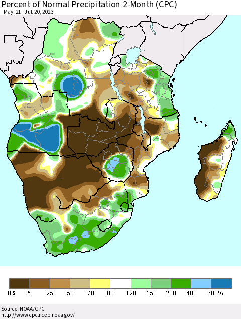 Southern Africa Percent of Normal Precipitation 2-Month (CPC) Thematic Map For 5/21/2023 - 7/20/2023