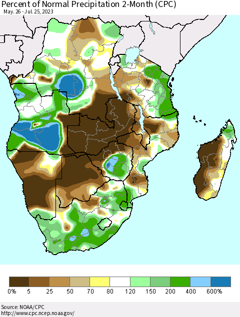 Southern Africa Percent of Normal Precipitation 2-Month (CPC) Thematic Map For 5/26/2023 - 7/25/2023