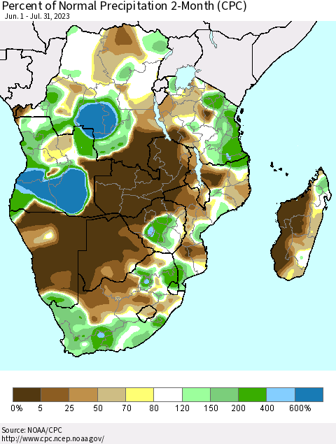 Southern Africa Percent of Normal Precipitation 2-Month (CPC) Thematic Map For 6/1/2023 - 7/31/2023