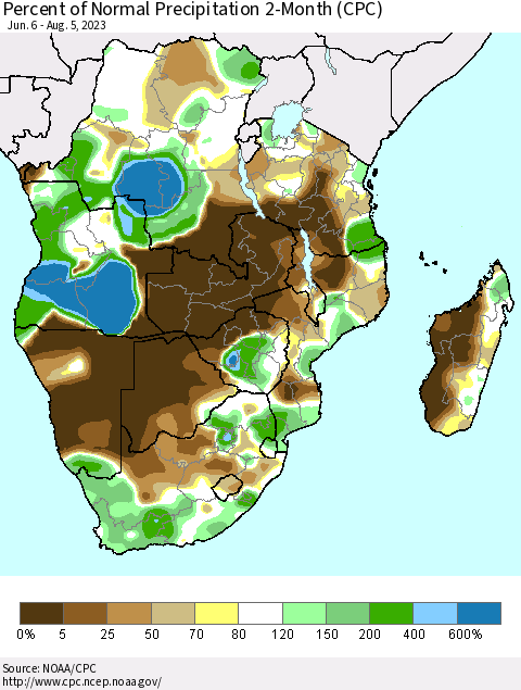 Southern Africa Percent of Normal Precipitation 2-Month (CPC) Thematic Map For 6/6/2023 - 8/5/2023
