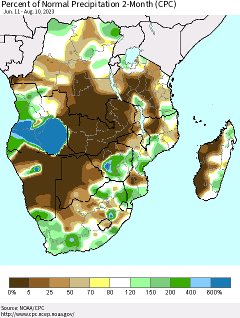 Southern Africa Percent of Normal Precipitation 2-Month (CPC) Thematic Map For 6/11/2023 - 8/10/2023