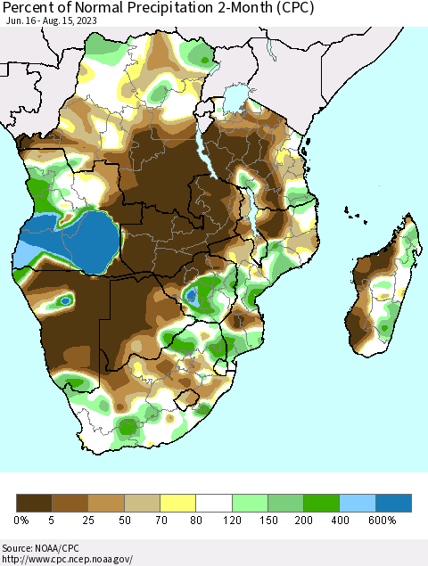 Southern Africa Percent of Normal Precipitation 2-Month (CPC) Thematic Map For 6/16/2023 - 8/15/2023