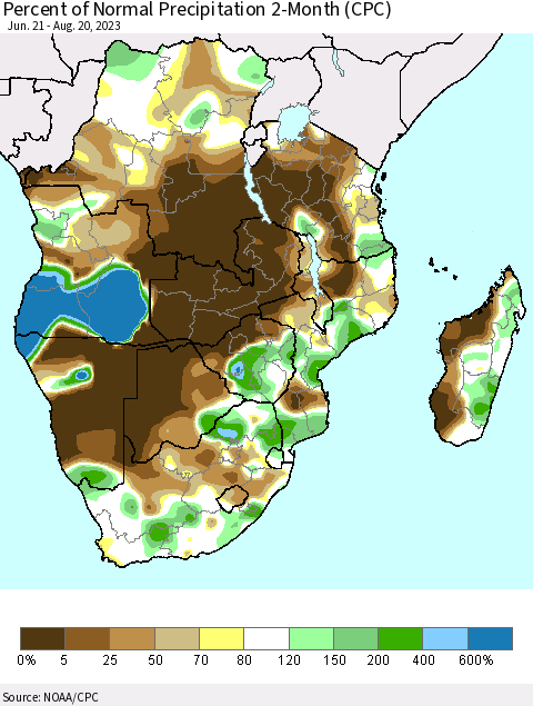 Southern Africa Percent of Normal Precipitation 2-Month (CPC) Thematic Map For 6/21/2023 - 8/20/2023