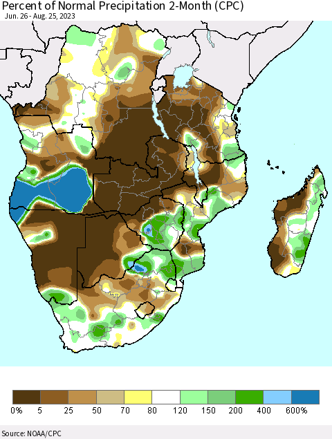 Southern Africa Percent of Normal Precipitation 2-Month (CPC) Thematic Map For 6/26/2023 - 8/25/2023