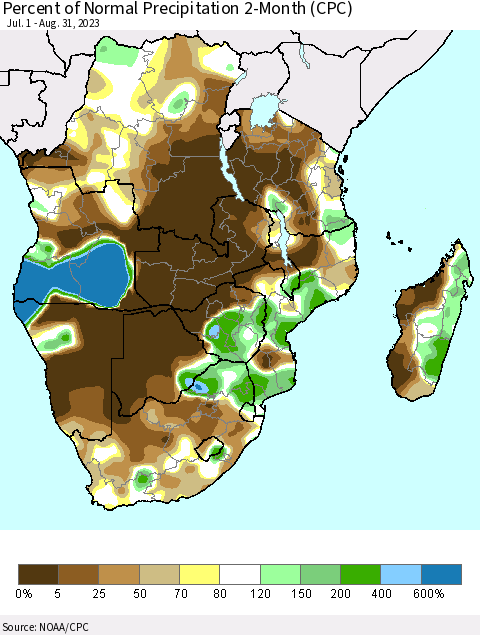 Southern Africa Percent of Normal Precipitation 2-Month (CPC) Thematic Map For 7/1/2023 - 8/31/2023
